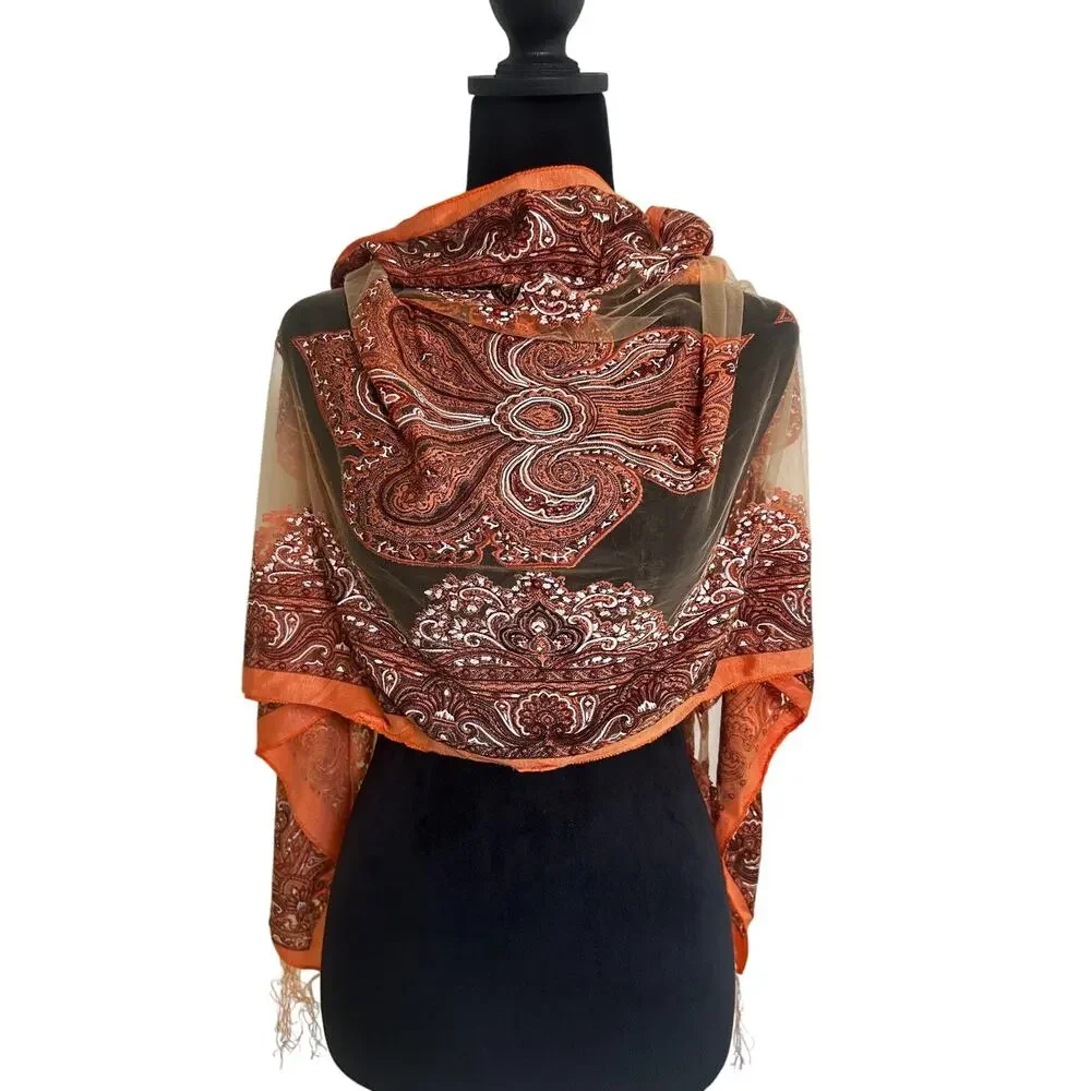 Womens Burnout Scarf Orange Brown Paisley Tassel Fringe Wrap Shawl Boho Festival